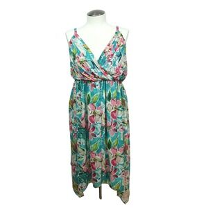 Torrid Floral Handkerchief Hem Midi Dress Womens 4 Teal Pink Smocked Surplice